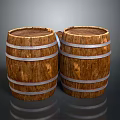 Two Wooden Barrels With Metal Hoops On Dark Reflective Background