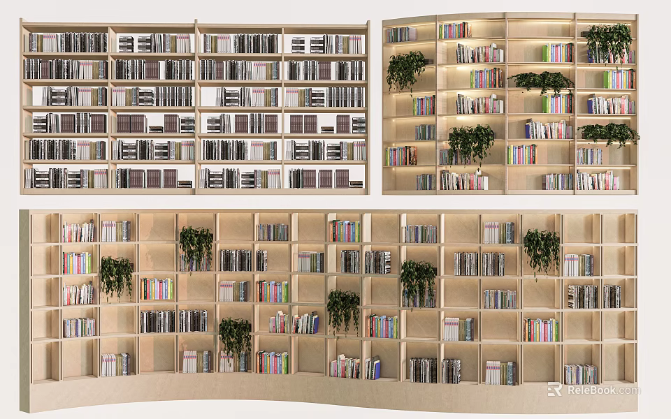 Modern Bookshelf Designs with Multiple Compartments Colorful Books and Potted Plants 3d model