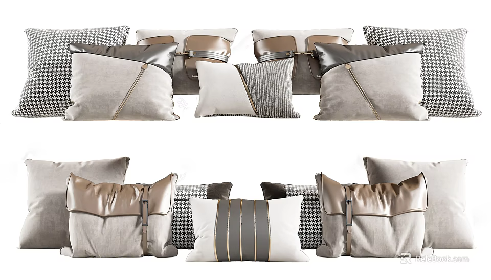 Assorted Modern Throw Pillows With Checkered Leather Accents And Striped Gray Beige Patterns 3d model 