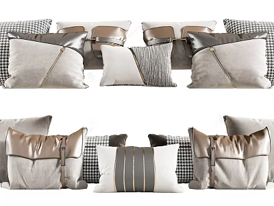 Assorted Modern Throw Pillows With Checkered Leather Accents And Striped Gray Beige Patterns 3d model