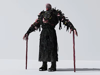 Horror Game Movie Character In Tattered Black Robe With Red Staffs And Bloody Body 3d model