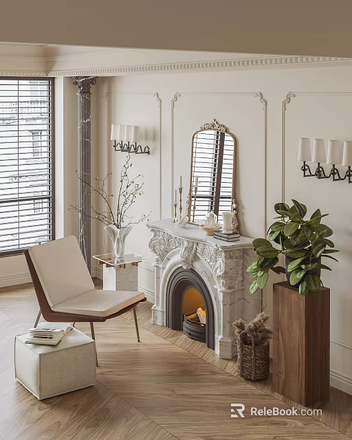 Ornate White Fireplace In Stylish Living Room With Mirror Chair And Plants 3d model 