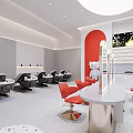 Beauty Hair Salon With Red Arched Entrance Glass Storefront And Mannequin