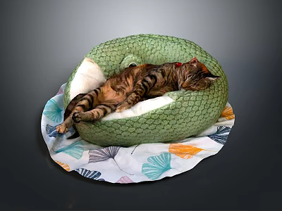 Green Snake Shaped Cat Bed With Sleeping Tabby Cat On Patterned Mat 3d model