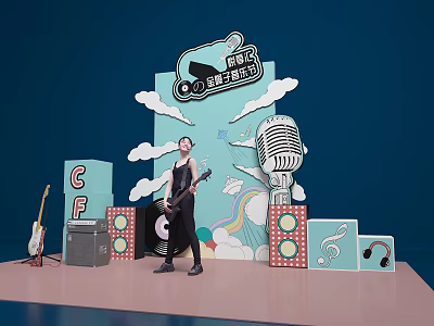Vibrant Music Stage with Performer Guitar Microphone Speakers Clouds and Rainbow Decorations 3d model