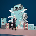 Vibrant Music Stage with Performer Guitar Microphone Speakers Clouds and Rainbow Decorations