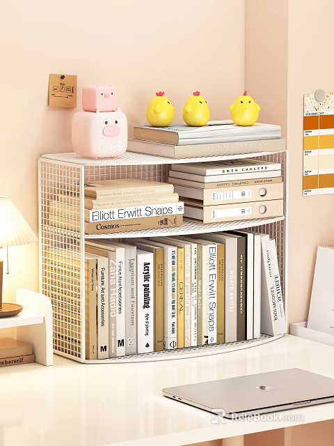 Organized Desk With White Grid Bookshelf Books Yellow Chick Figurines And Pink Piggy Bank 3d model 