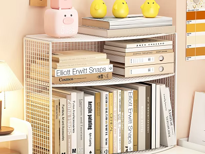 Organized Desk With White Grid Bookshelf Books Yellow Chick Figurines And Pink Piggy Bank 3d model