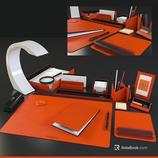 Orange Office Stationery Set With Notebook Pens Folder And Magnifying Glass 3d model 