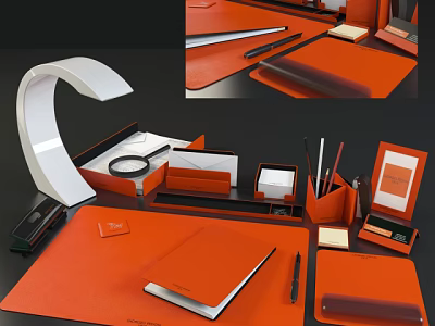 Orange Office Stationery Set With Notebook Pens Folder And Magnifying Glass 3d model