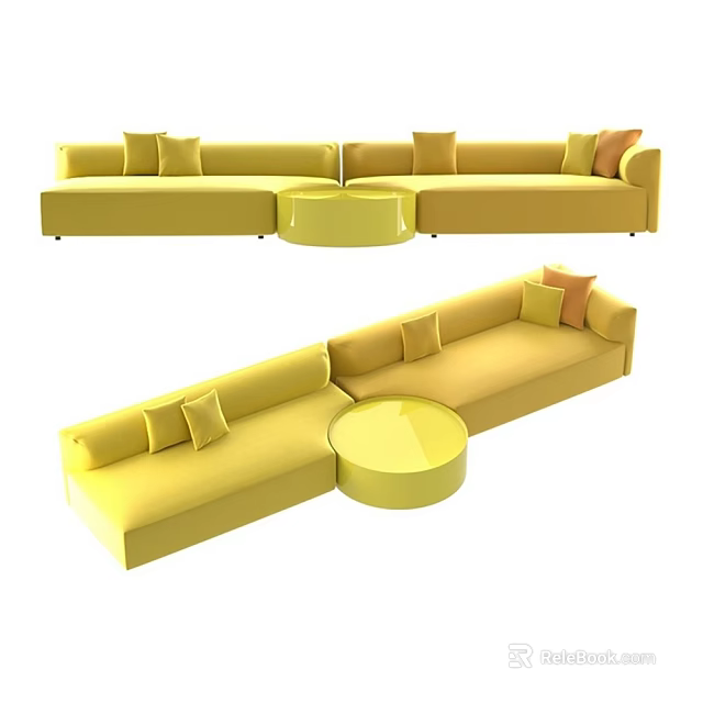 Modern Yellow Sectional Sofa With Round Coffee Table And Soft Decorative Cushions 3d model