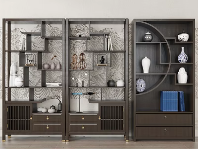 Traditional Chinese Curio Cabinet With Dark Wood Lattice Design And Decorative Porcelain Vases 3d model