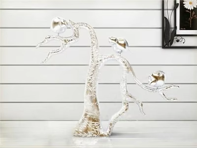 Decorative Ornament Set Tree Shaped With Silver Colored Bird Figurines On White Striped Wall 3d model