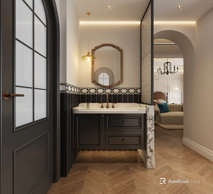 Elegant Modern Bathroom Vanity With Dark Cabinets Marble Countertop Double Faucets And Mirror 3d model 