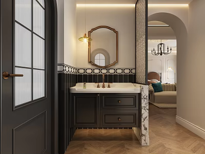 Elegant Modern Bathroom Vanity With Dark Cabinets Marble Countertop Double Faucets And Mirror 3d model
