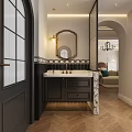Elegant Modern Bathroom Vanity With Dark Cabinets Marble Countertop Double Faucets And Mirror