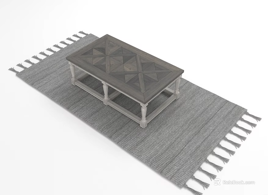 Stylish Wooden Coffee Table with Geometric Pattern Tabletop on Gray Area Rug with Fringes 3d model 