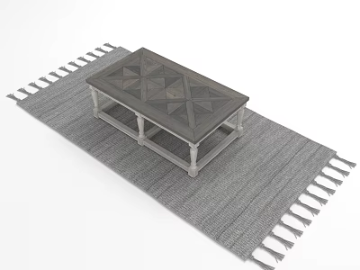 Stylish Wooden Coffee Table with Geometric Pattern Tabletop on Gray Area Rug with Fringes 3d model