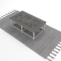 Stylish Wooden Coffee Table with Geometric Pattern Tabletop on Gray Area Rug with Fringes