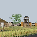 Rural Garden Landscape With Thatched Pavilion Rice Field Path Trees And Watchtower