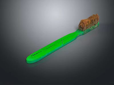 Close Up View Of Green Handle Toothbrush With Brown Bristles On Dark Background 3d model