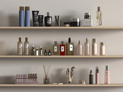 Perfumes and Cosmetics Collection on Wooden Shelves with Bottles Jars Makeup Brushes and Reed Diffusers 3d model