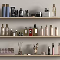 Perfumes and Cosmetics Collection on Wooden Shelves with Bottles Jars Makeup Brushes and Reed Diffusers