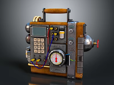 Vintage Mechanical Equipment With Wooden Handle Digital Display And Pressure Gauge 3d model