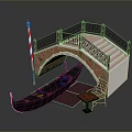 Venetian Bridge Scene With Black Gondola Decorative Railings Red White Striped Lamp Post Steps