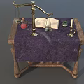 Vintage Mystical Table With Purple Cloth Open Book Balance Scale Candle Inkwell Red Vial