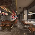 Grill Restaurant Interior Featuring Red Signboard Open Counter Wooden Stools And Dark Textured Walls