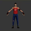 Man Wearing Red Tank Top with FINE Blue Ripped Jeans Wrist Guards and Black Shoes