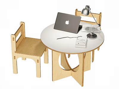 Simple Wooden Round Table And Chairs Set With Laptop Desk Lamp Notebook And Pen 3d model