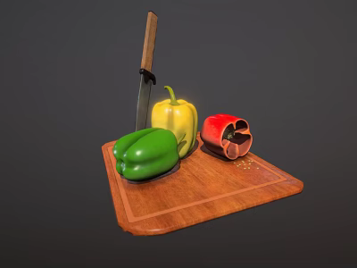 Fresh Colorful Bell Peppers Green Yellow Red on Wooden Cutting Board with Knife 3d model