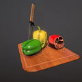 Fresh Colorful Bell Peppers Green Yellow Red on Wooden Cutting Board with Knife
