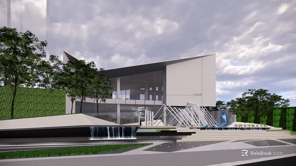 Modern Garden Landscape Featuring Waterfall Green Lawn Trees And Architectural Structures 3d model