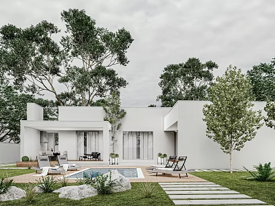 White Detached Villa With Swimming Pool Stone Pathway Lounge Chairs And Greenery 3d model