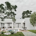 White Detached Villa With Swimming Pool Stone Pathway Lounge Chairs And Greenery