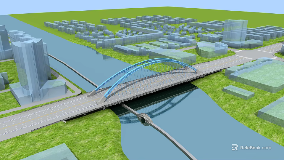 Modern Arch Bridge Over River In Urban City With Greenery And Buildings 3d model 