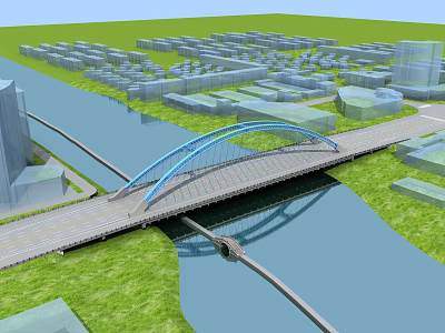 Modern Arch Bridge Over River In Urban City With Greenery And Buildings 3d model