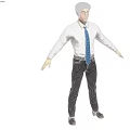 Man With Arms Outstretched In White Shirt Blue Tie Black Pants Brown Shoes Three Angles