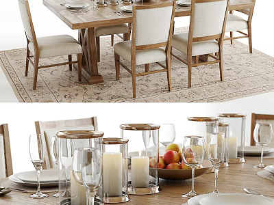 Wooden Dining Table Set With Beige Cushioned Chairs And Candle Holders Fruits Wine Glasses 3d model