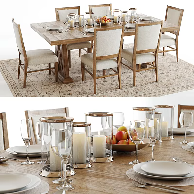 Wooden Dining Table Set With Beige Cushioned Chairs And Candle Holders Fruits Wine Glasses 3d model