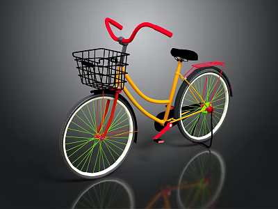 Bicycle With Yellow Frame Red Handlebars Black Basket Black Seat White Rims And Green Spokes 3d model