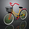 Bicycle With Yellow Frame Red Handlebars Black Basket Black Seat White Rims And Green Spokes