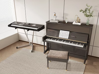 Modern Indoor Musical Instruments And Art Supplies With Piano Keyboard Stool And Music Sheets 3d model