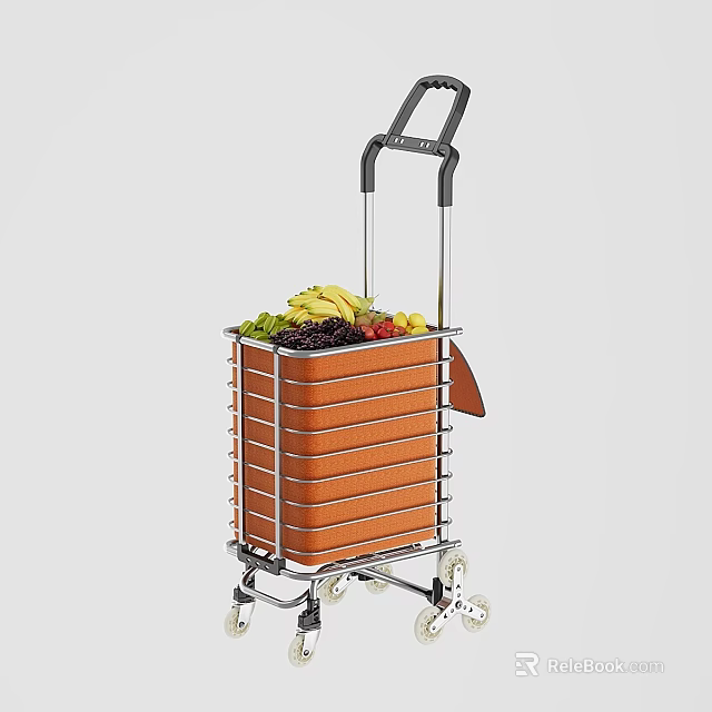 Public Facility Shopping Cart with Orange Basket Fresh Fruits and Metal Wheels 3d model 