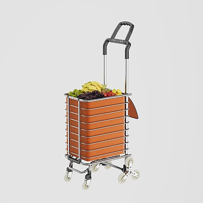 Public Facility Shopping Cart with Orange Basket Fresh Fruits and Metal Wheels 3d model