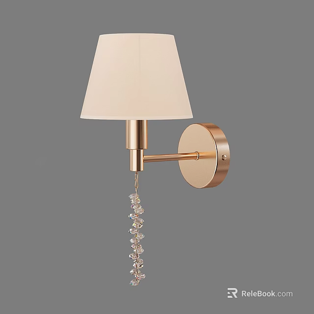 Elegant Golden Wall Lamp with White Fabric Shade and Hanging Crystal Beads 3d model 