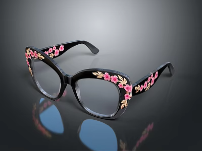 Jewelry Decorative Glasses with Black Frames Pink Flowers and Gold Accents 3d model